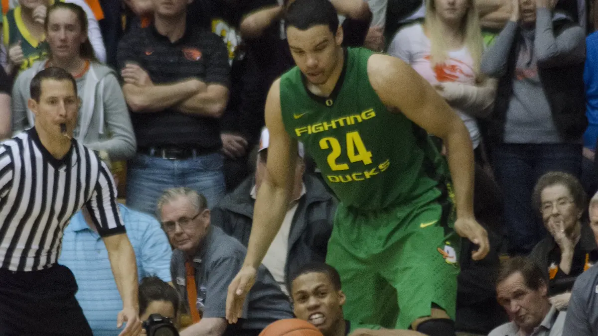 File photo from 4 March 2015: Dillon Brooks in an Oregon Ducks uniform during a college game against Oregon State. It was not taken at the Suns-Nuggets game and does not show the ejection or the kick.