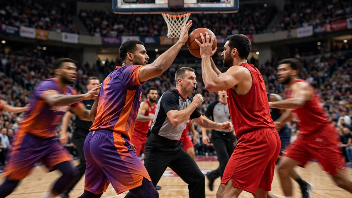 Two anonymous basketball players facing off under the basket, one holding the ball high near the other's face, while a referee steps between them blowing his whistle in a packed arena, editorial graphic