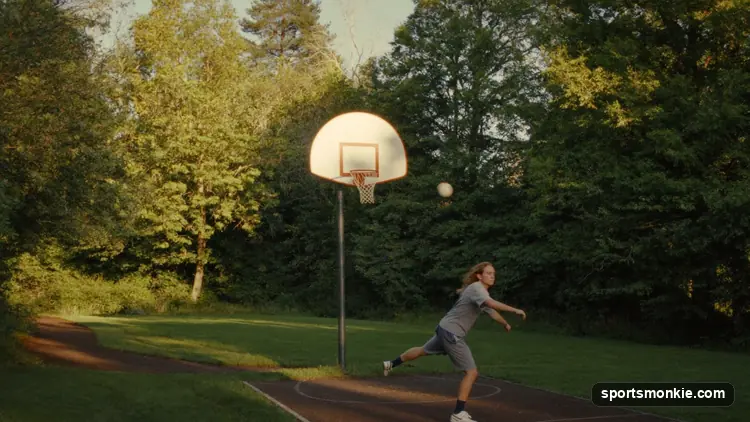 Disc golf player throwing a disc toward a chain basket in a wooded park at golden hour