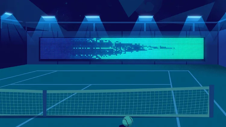 Hard tennis court at night under stadium lights with a glowing LED advertising board changing colour along the back wall, editorial graphic
