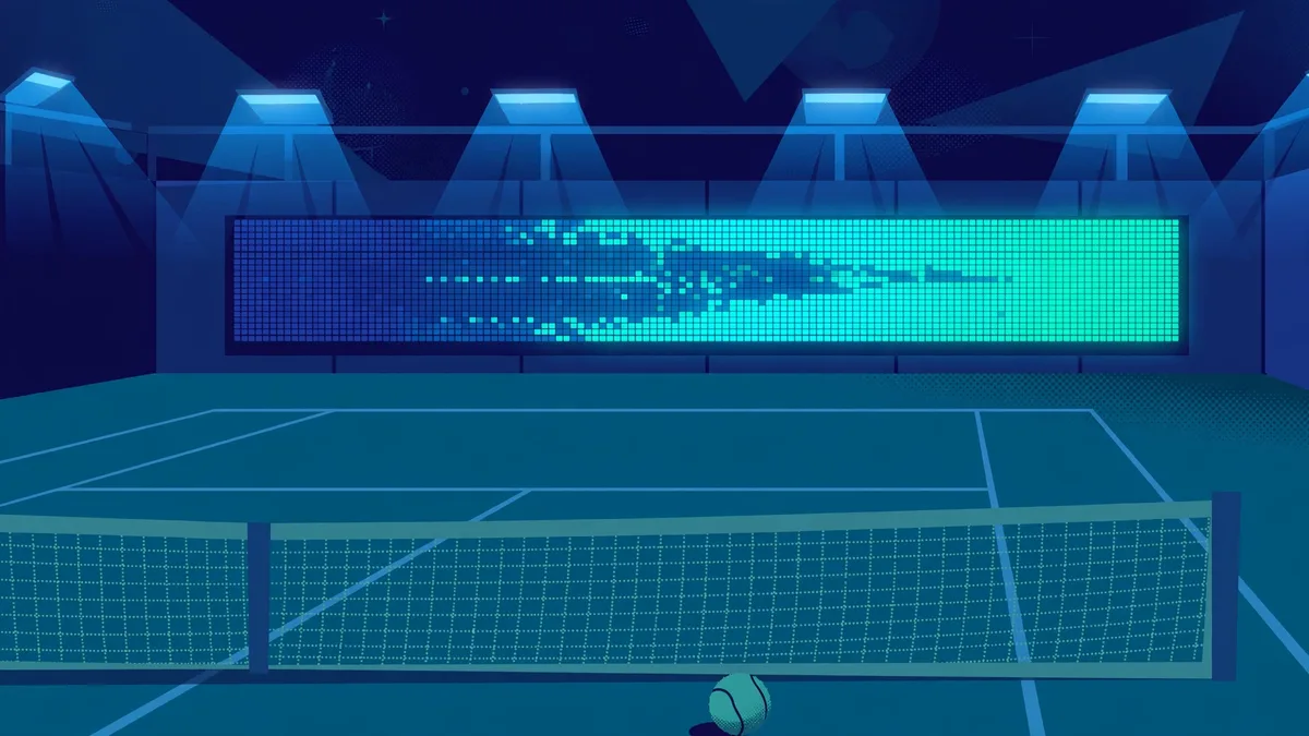 Hard tennis court at night under stadium lights with a glowing LED advertising board changing colour along the back wall, editorial graphic