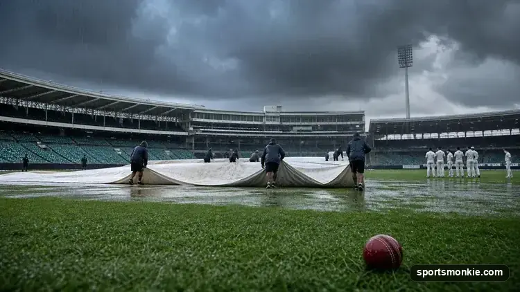 A rain-covered cricket pitch with covers on, representing a DLS-affected match