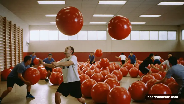 Dodgeball court with two teams, center line and balls lined up for the opening rush