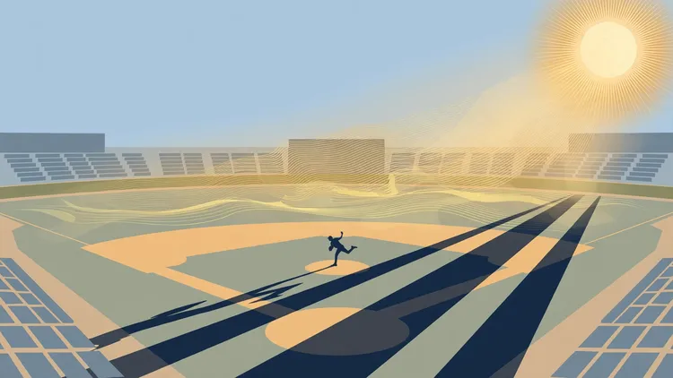 Sunlit baseball stadium under a clear sky with a silhouetted pitcher on the mound and heat haze over the outfield, editorial graphic for Dodgers vs Braves NLDS Game 1