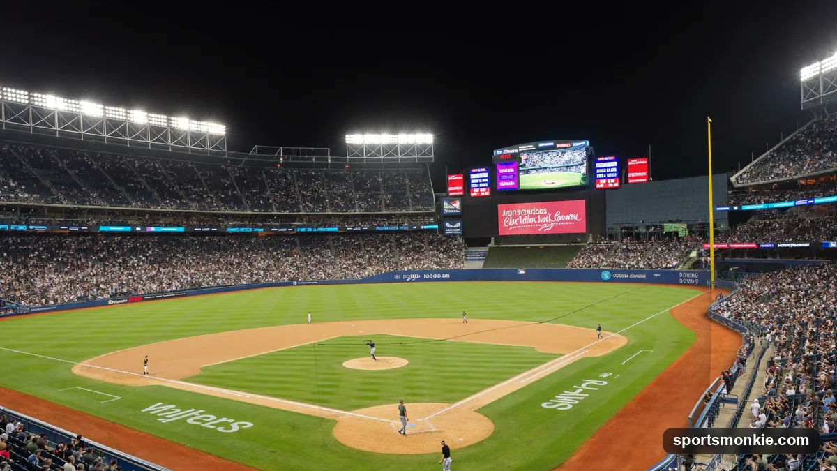 MLB ballpark at night with an out-of-focus scoreboard, representing baseball finances