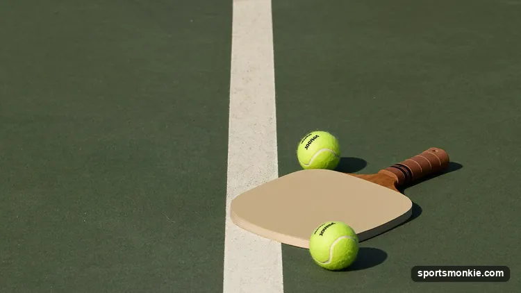 A pickleball bouncing on the court near a player waiting to hit the return