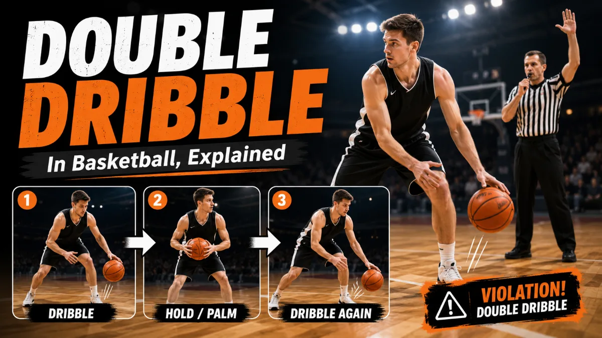 A basketball player dribbling as a referee signals a double dribble violation