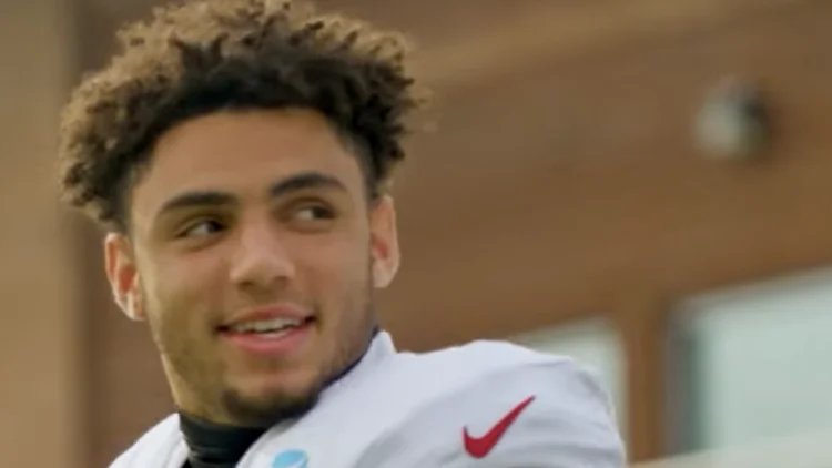 File photo: Drake London in a Falcons practice jersey at training camp in 2022. This photo is not from the October 25, 2026 game against the 49ers.