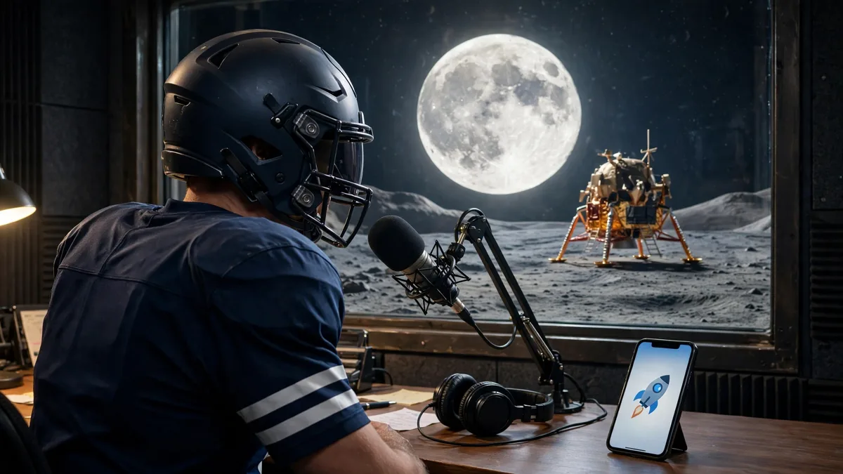 A generic American football quarterback in a helmet at a radio studio microphone with a full moon and an Apollo-style lunar lander outside the window and a phone showing a rocket icon, editorial graphic