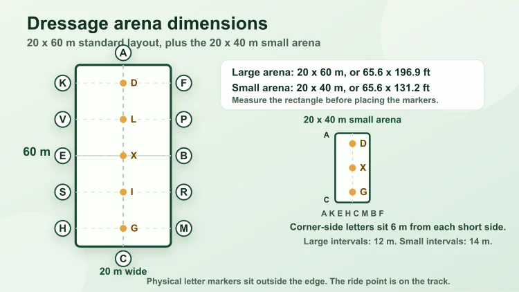 Diagram of a 20 by 60 metre dressage arena with perimeter letters, centre-line letters and a 20 by 40 metre small arena inset