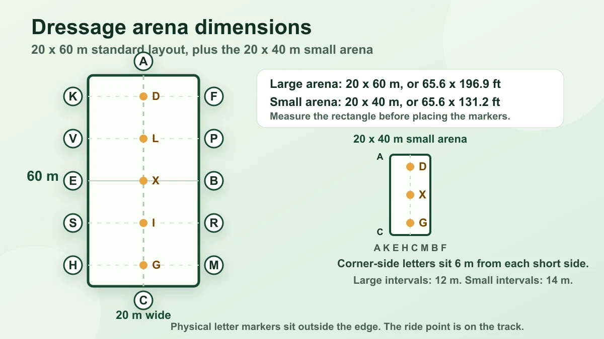 Diagram of a 20 by 60 metre dressage arena with perimeter letters, centre-line letters and a 20 by 40 metre small arena inset