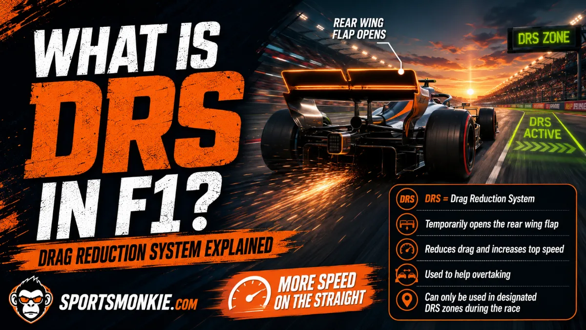 A Formula 1 car with its rear wing flap open in a DRS zone on a straight