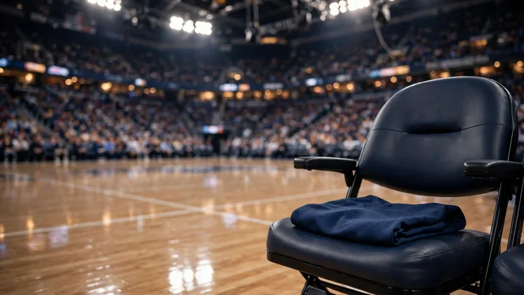 AI-generated illustration: an empty courtside seat with a folded, unused jersey on it in a full arena on opening night. It is an illustration, not a photograph, and it does not show Wednesday's game or any real person.