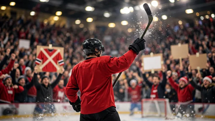 A generic hockey player in a plain red jersey raising his stick to a cheering home crowd, one fan holding a crossed-out jersey sign, editorial graphic