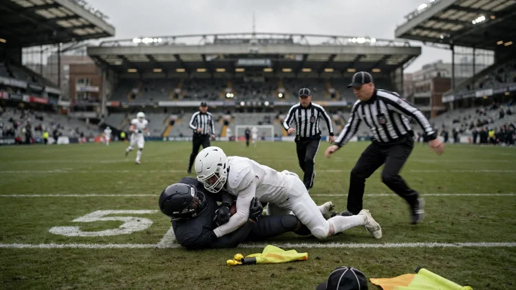 Two generic football players in plain unbranded uniforms tangled on the turf at midfield in a London stadium while referees converge, with yellow penalty flags and a referee's cap on the grass in the foreground, editorial graphic