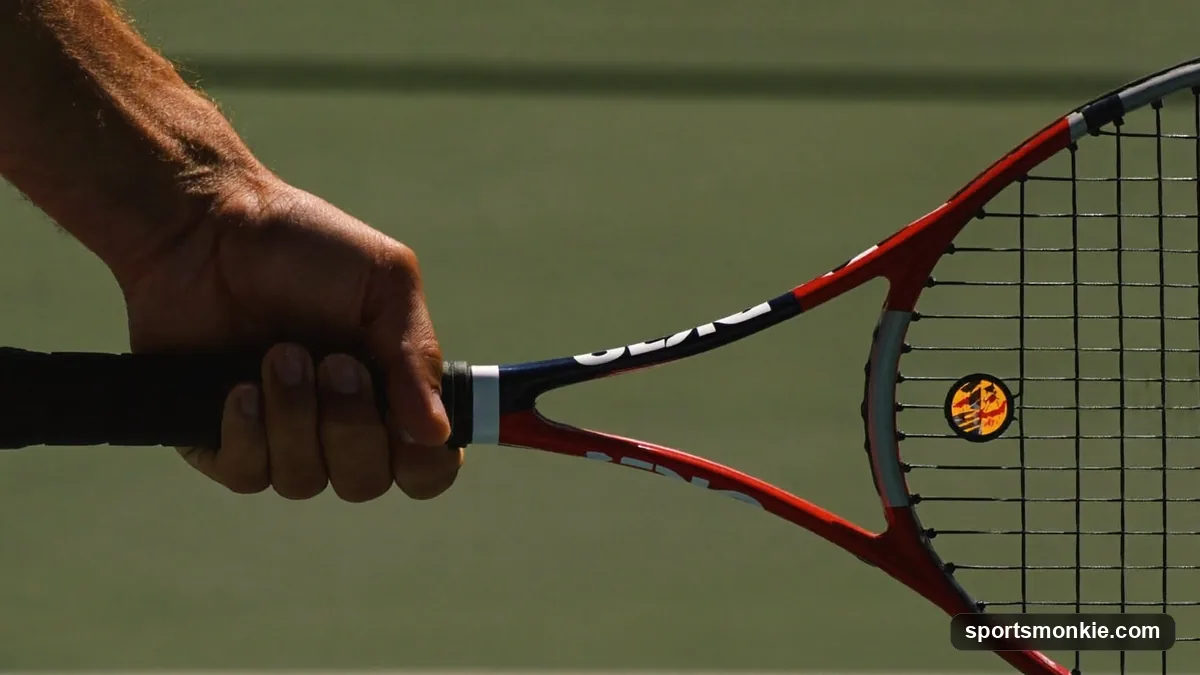 Close-up of a hand holding a tennis racket in the eastern forehand grip with the index knuckle on bevel 3