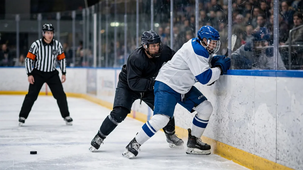 A generic hockey defenseman in a plain white and blue unbranded uniform driven into the boards while the puck lies several feet away and a referee watches with his arm down, editorial graphic
