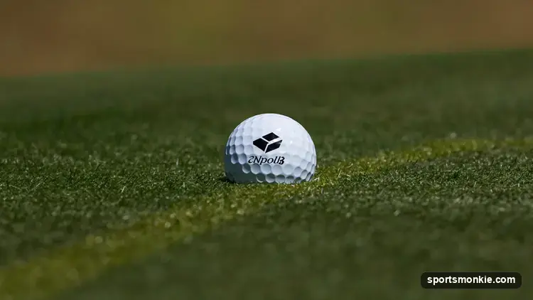 A golf ball plugged in its own pitch-mark in soft turf, half buried below ground level