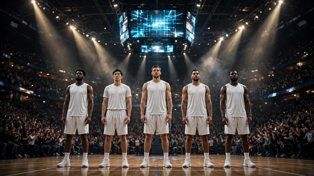 Five generic basketball players in plain white uniforms standing in a line under arena spotlights during player introductions for a new starting lineup's first game together, editorial graphic
