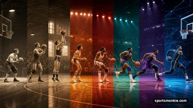 Basketball court with era-styled overlays representing different decades of NBA history
