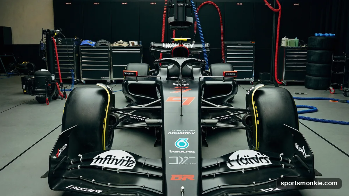 A Formula 1 team's pit garage and personnel, illustrating the spending covered by the cost cap