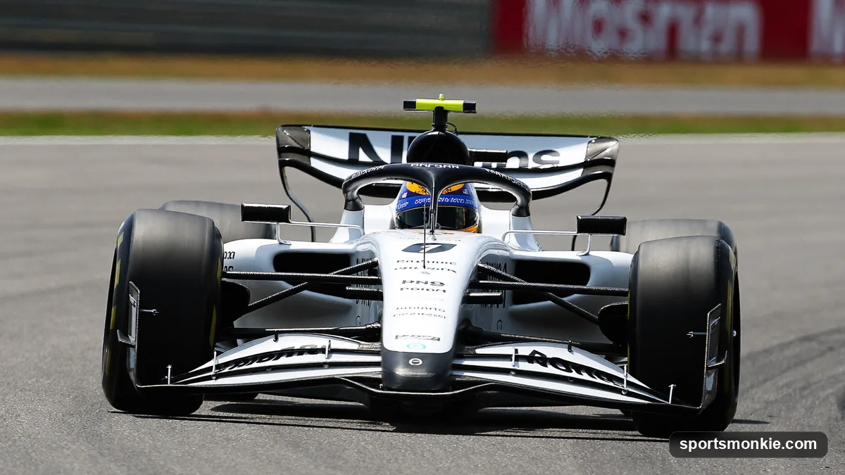 A Formula 1 car on a flying qualifying lap with the timing screen showing session positions