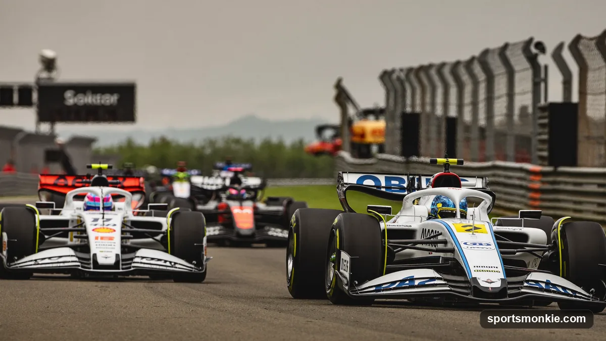 The Formula 1 safety car leading a bunched-up field of grand prix cars at reduced speed with orange lights on