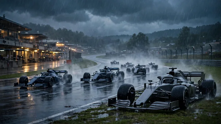 Unbranded open-wheel race cars crawling to a halt in heavy rain on a wet race track during a formation lap, editorial graphic