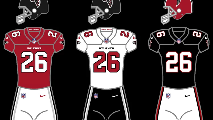 Illustration of the Falcons' 2026 home, away and throwback uniforms, the retro set behind the controversial profile picture the team posted and then quietly replaced.