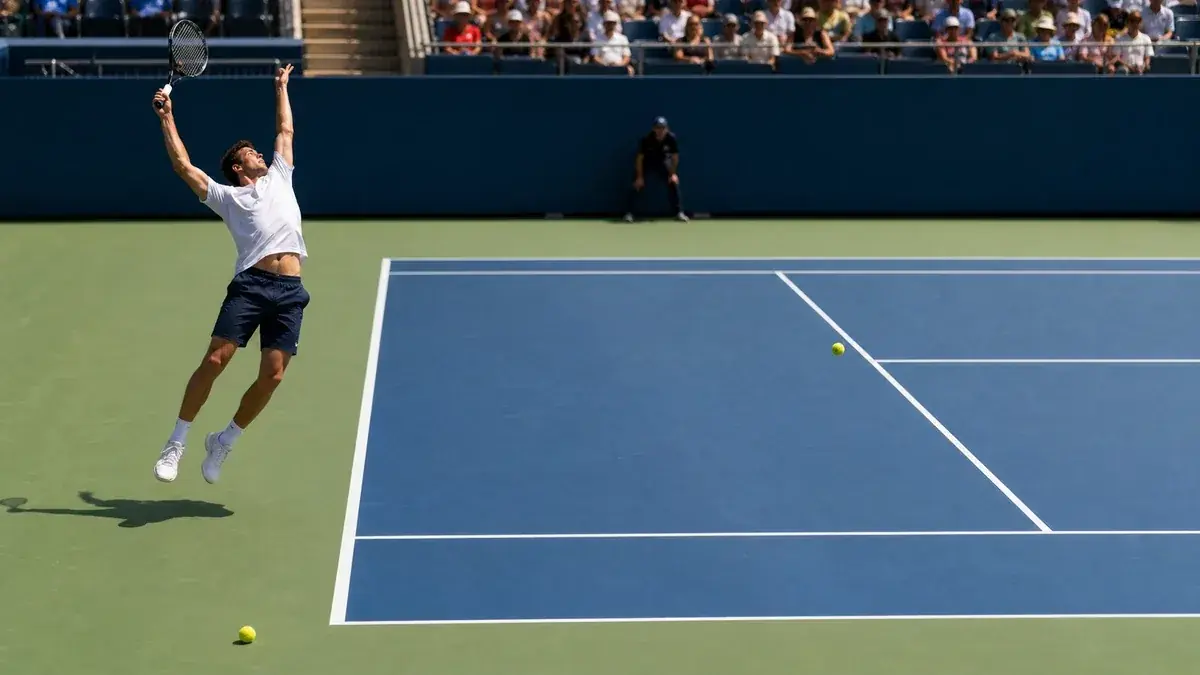 A tennis player serving with the ball crossing the net, representing a serve fault