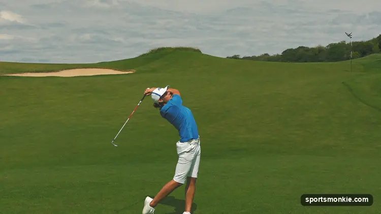 Golfer holding the FedEx Cup trophy on the 18th green