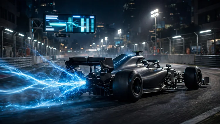 A generic Formula 1 car at night on a floodlit street circuit with a glowing electric-blue energy trail behind it, a race-control timing screen glowing in the background, editorial graphic