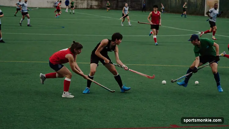 Field hockey pitch showing goalkeeper, defenders, midfielders and forwards in a 4-3-3 formation