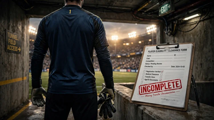 A generic goalkeeper seen from behind in a dark stadium tunnel holding his gloves, beside a clipboard eligibility document stamped incomplete in red, editorial graphic