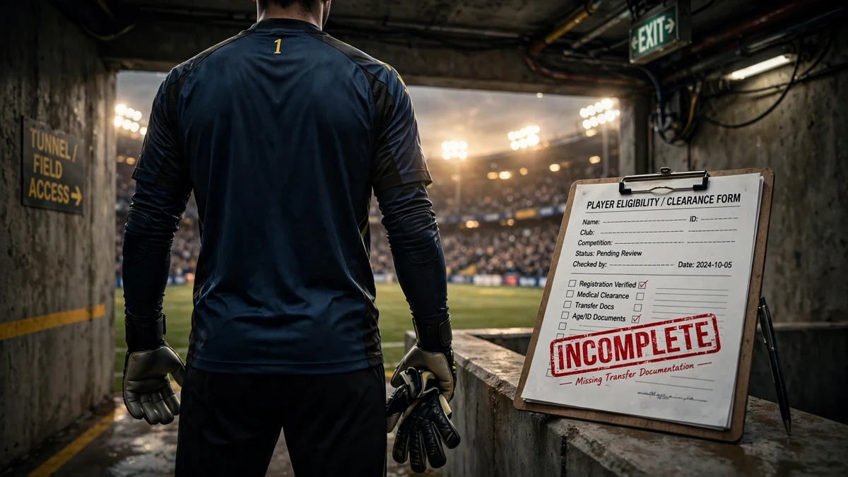 A generic goalkeeper seen from behind in a dark stadium tunnel holding his gloves, beside a clipboard eligibility document stamped incomplete in red, editorial graphic