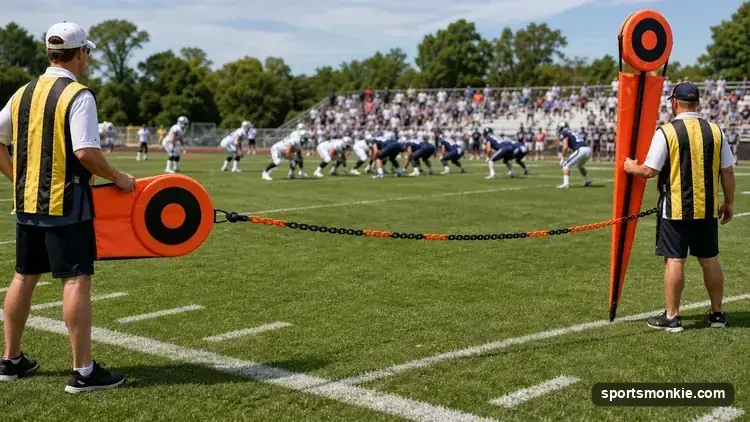 American football yard markers and a first-down chain on the field