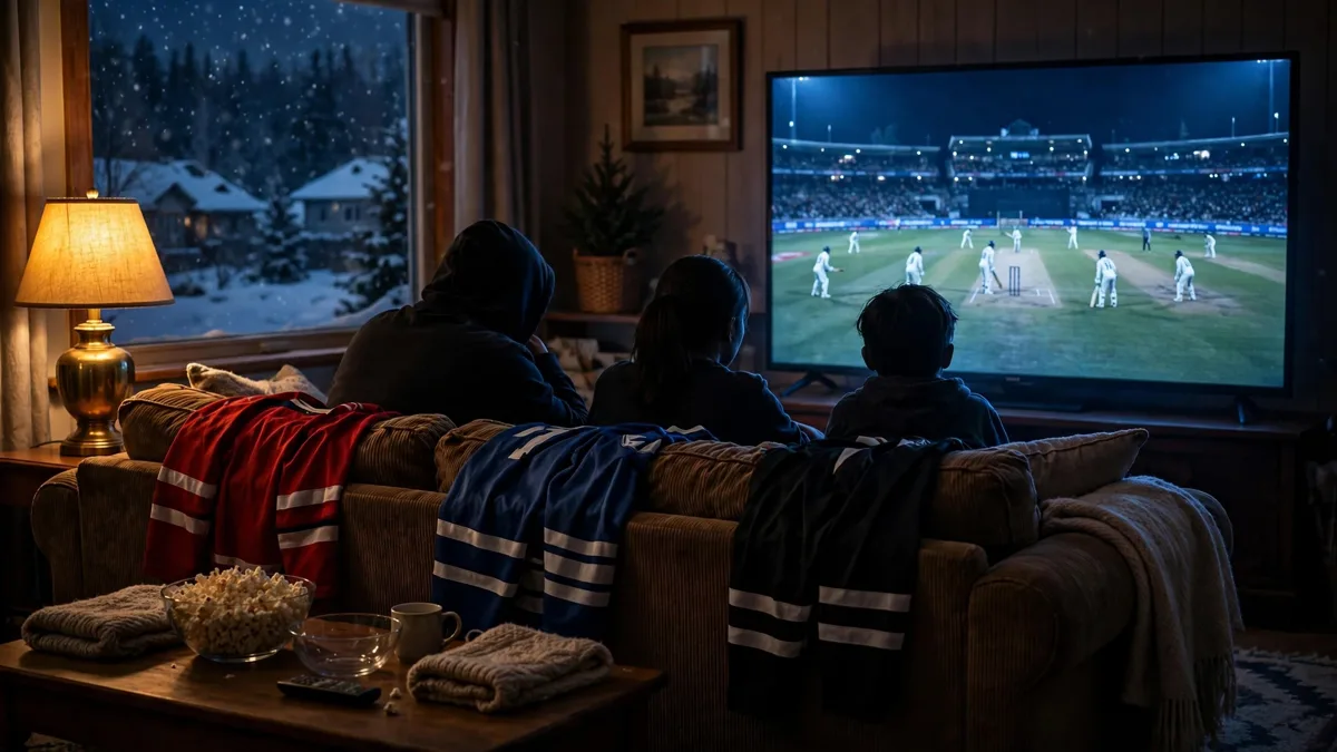 An anonymous family seen from behind on a living-room couch staring at a television showing a cricket match instead of hockey on a Saturday night, editorial graphic