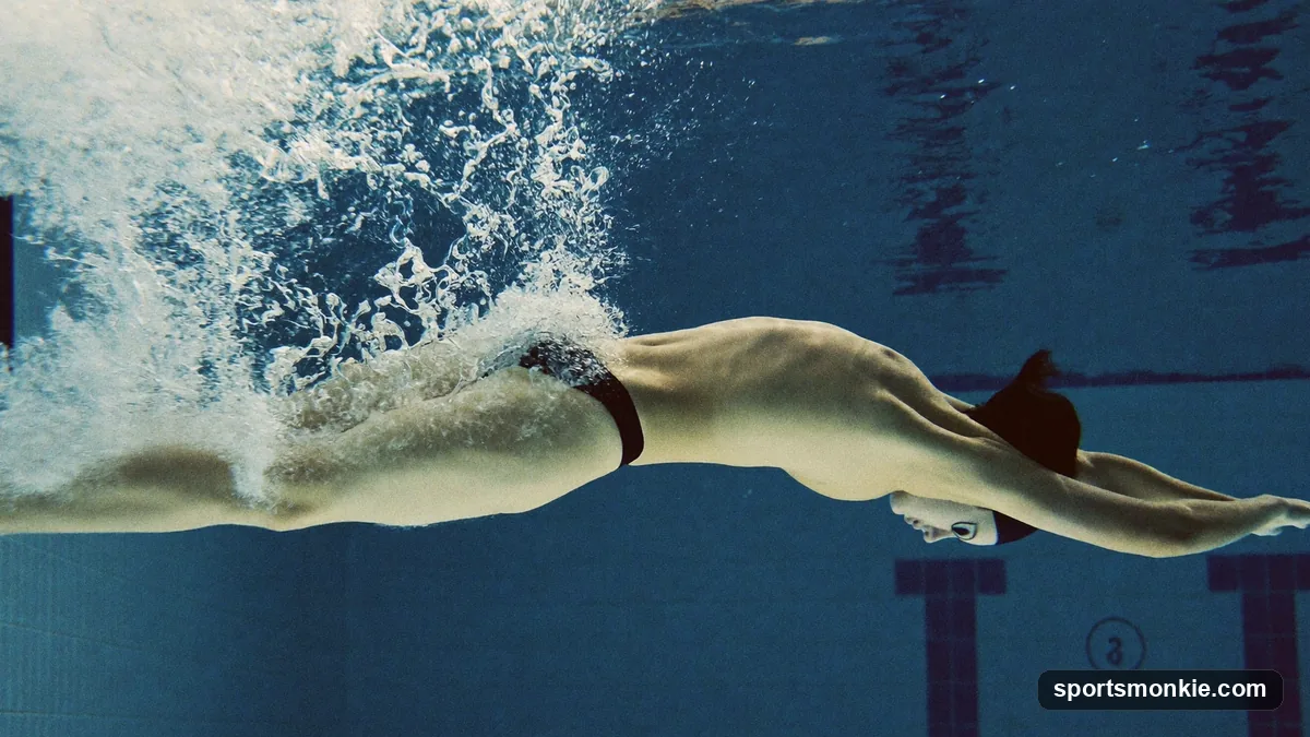 Swimmer performing a flip turn, tucking into a somersault at the pool wall during freestyle