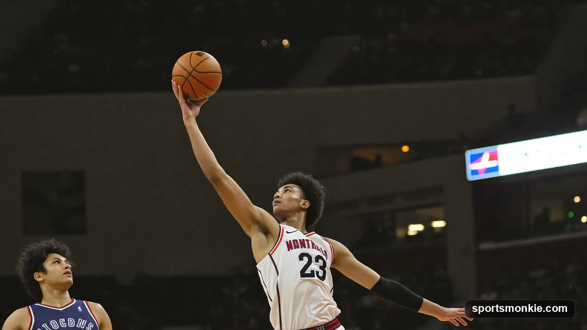 A basketball guard releasing a high-arcing floater shot over a taller defender in the lane