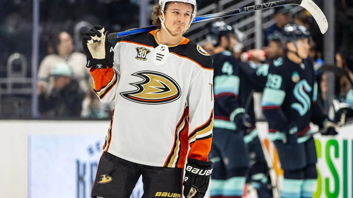 File photo from March 28, 2024: Trevor Zegras on the ice. It does not show Tuesday's game against Seattle, and the cropped derivative is offered under the same CC BY-SA 2.0 licence as the original.
