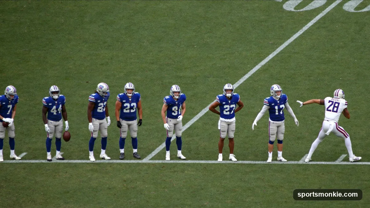 NFL defense lined up in a 4-3 formation showing defensive line, linebackers, and secondary