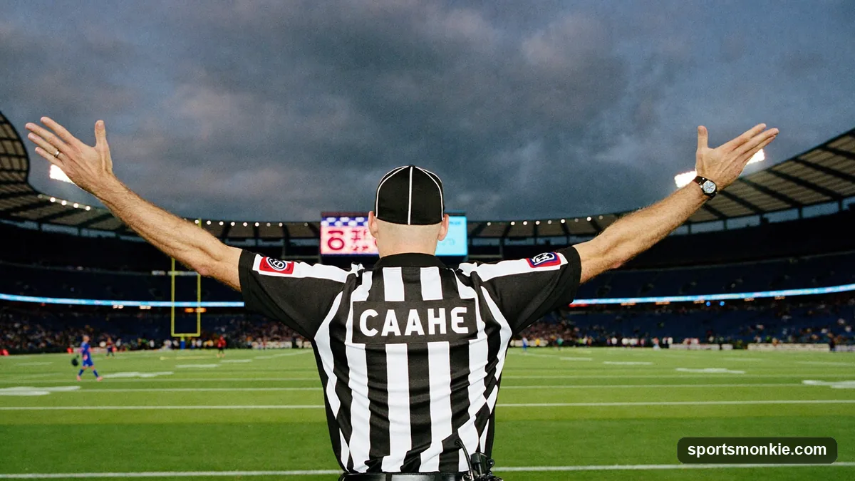 NFL referee demonstrating official hand signals on the field during a game