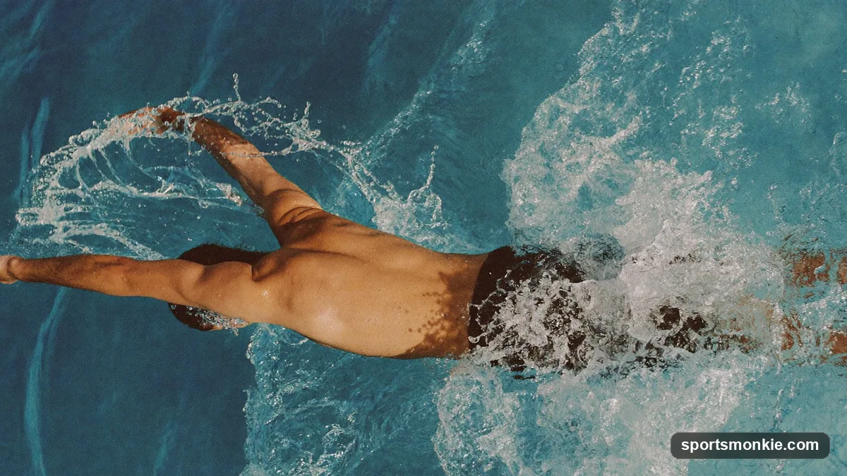 Overhead view of a swimmer demonstrating freestyle technique with a high-elbow catch and hip rotation