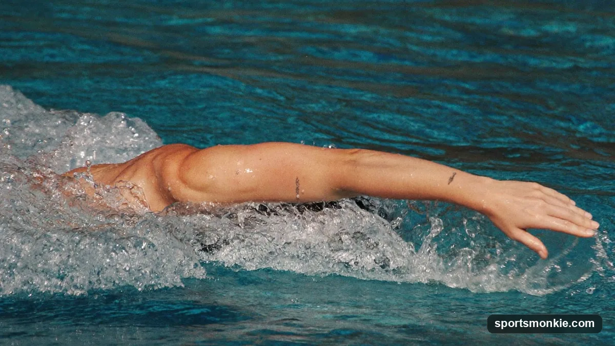 Swimmer performing freestyle front crawl stroke with arm extended and body rotated in a competition pool