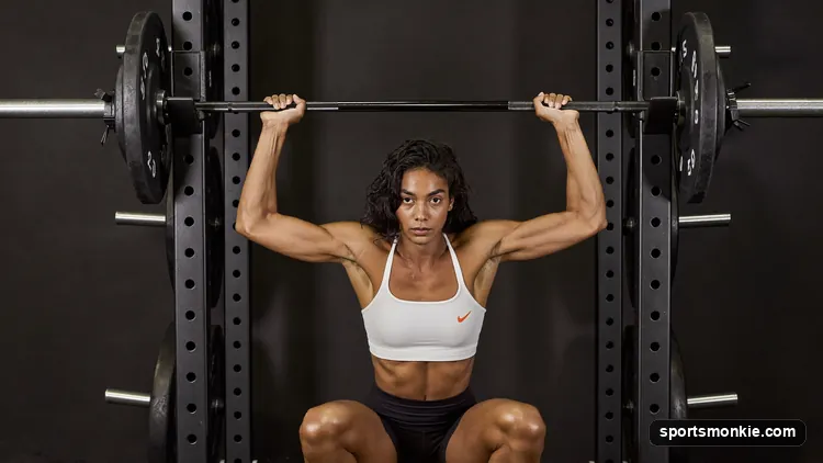 A lifter demonstrating correct front squat form with the bar in the front rack and elbows driven high