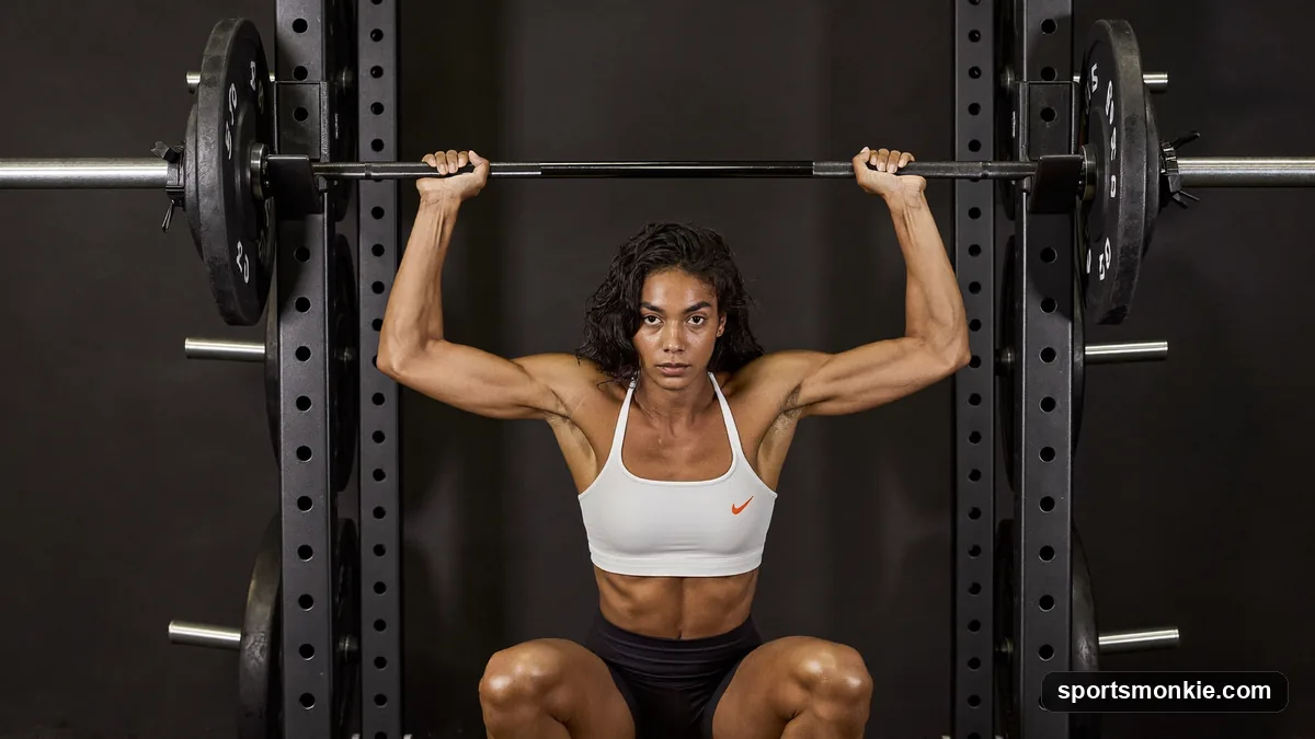 A lifter demonstrating correct front squat form with the bar in the front rack and elbows driven high