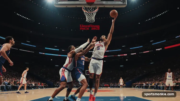 Basketball defenders trapping a ball-handler near the sideline during a full court press