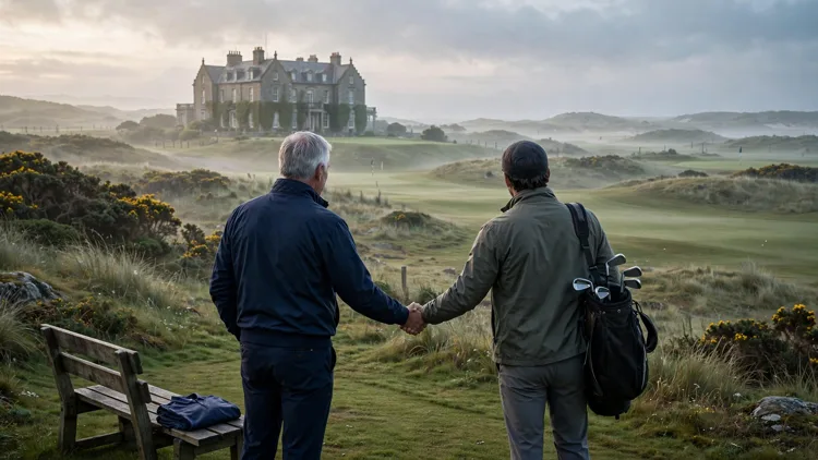 Two generic golfers seen from behind shaking hands on a misty Irish links course below a grand manor house, a folded team shirt on a bench beside them, editorial graphic