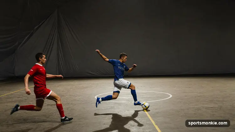 Split scene of a futsal court with a low-bounce ball beside a walled indoor soccer arena