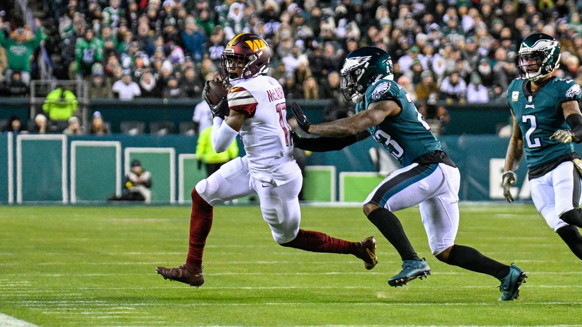 File photo from November 2022 of C.J. Gardner-Johnson, in a Philadelphia Eagles uniform, chasing Terry McLaurin. It does not show Sunday's game in Las Vegas.